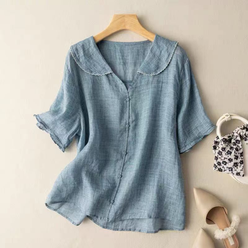 Kristi | Womens Vintage-Inspired Scalloped Collar Short Sleeve Relaxed Fit Blouse 3