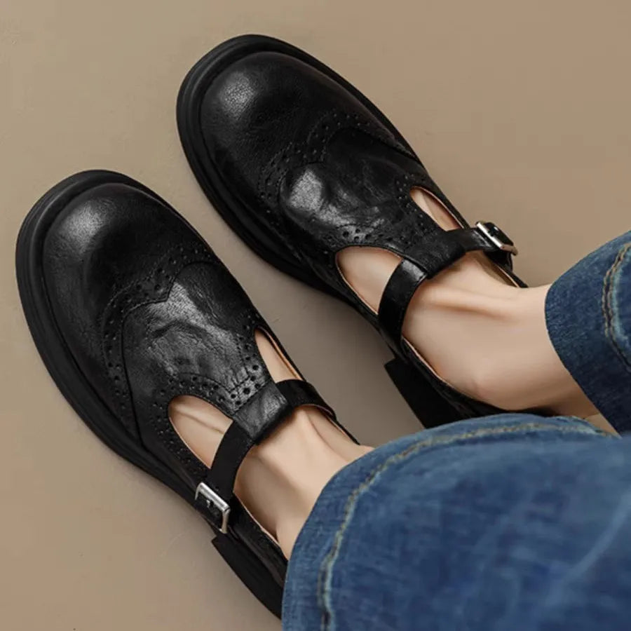 Lily | Women T-Strap Shoes Slip On Classic Leather Elegant Footwear 1