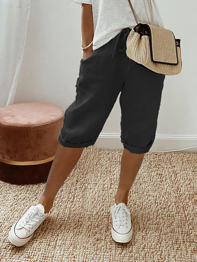 Kaia | Women Elastic Waist Above Knee Relaxed Fit Casual Shorts with Drawstrings 1