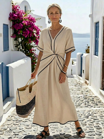 Linnea | Womens Casual Chiffon V Neck Short Sleeve Gathered Waist Flowing Midi Dress 4