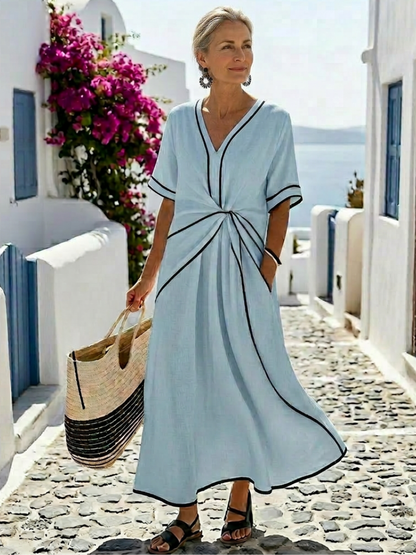 Linnea | Womens Casual Chiffon V Neck Short Sleeve Gathered Waist Flowing Midi Dress 6