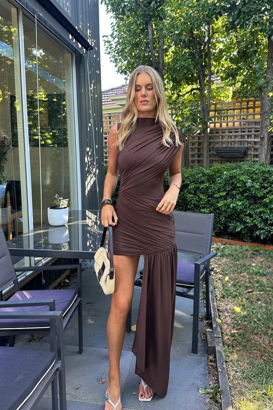 Liora | Women Party Dress High Neck Fitted Sleeveless Ruched Asymmetrical Mini Dress 6
