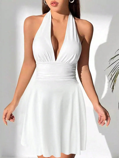 Hailey | Womens Summer Halter Neck Fitted Flowy Skater Mini Dress 4
