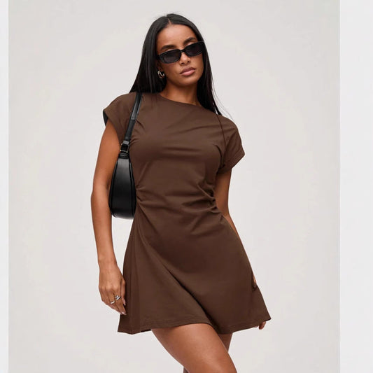 Liora | Womens Summer Round Neck Rolled Sleeve Flowy T-Shirt Mini Dress 1