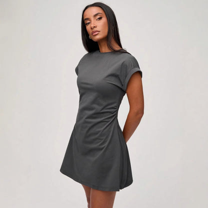 Liora | Womens Summer Round Neck Rolled Sleeve Flowy T-Shirt Mini Dress 4