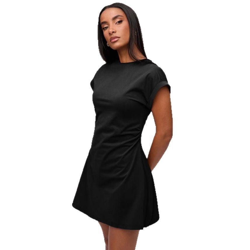 Liora | Womens Summer Round Neck Rolled Sleeve Flowy T-Shirt Mini Dress 5