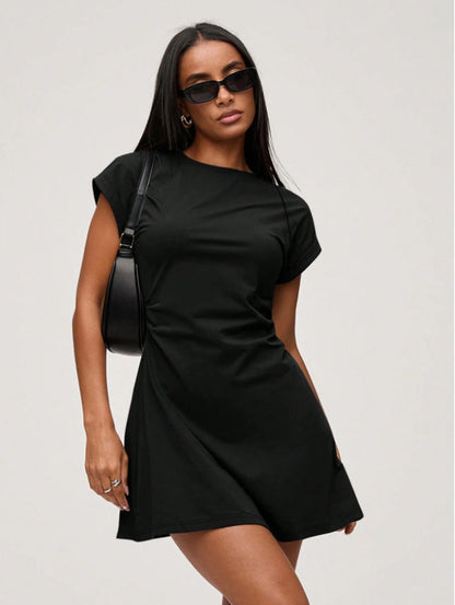 Liora | Womens Summer Round Neck Rolled Sleeve Flowy T-Shirt Mini Dress 6