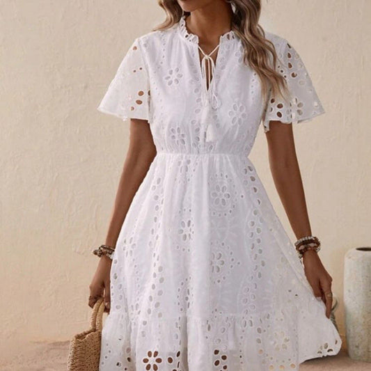 Stephanie | Womens Summer V-Neck Flowy Broderie Short Sleeve Mini Dress 1