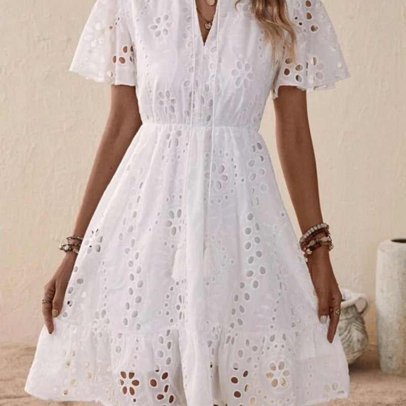 Stephanie | Womens Summer V-Neck Flowy Broderie Short Sleeve Mini Dress 3