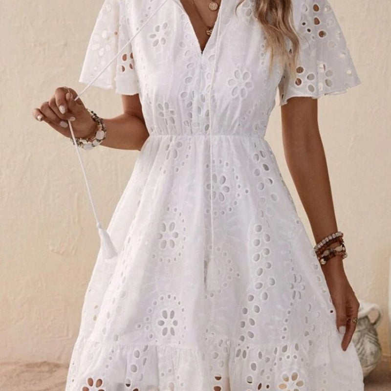 Stephanie | Womens Summer V-Neck Flowy Broderie Short Sleeve Mini Dress 4