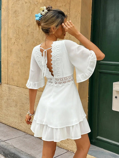 Lia | Womens Summer V-Neck Flowy Lace Flounce Loose Fit Mini Dress 3