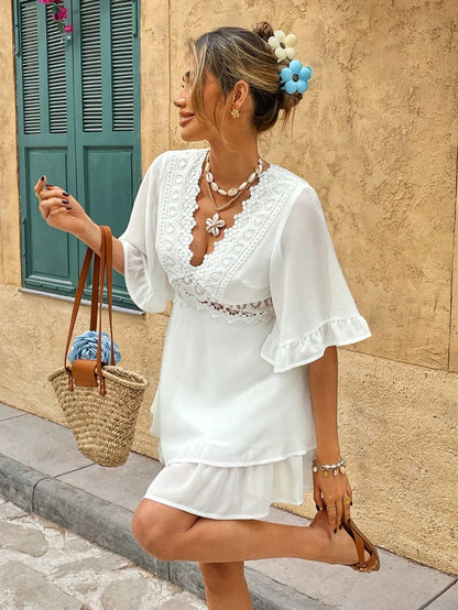 Lia | Womens Summer V-Neck Flowy Lace Flounce Loose Fit Mini Dress 4