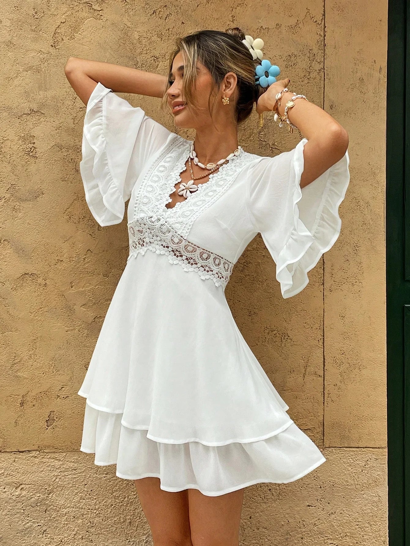 Lia | Womens Summer V-Neck Flowy Lace Flounce Loose Fit Mini Dress 5