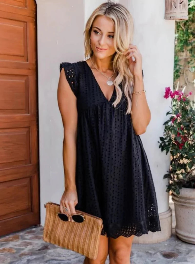 Audrey | Womens Summer V-Neck Loose Fit Lace Embroidery Ruffle Midi Dress 1