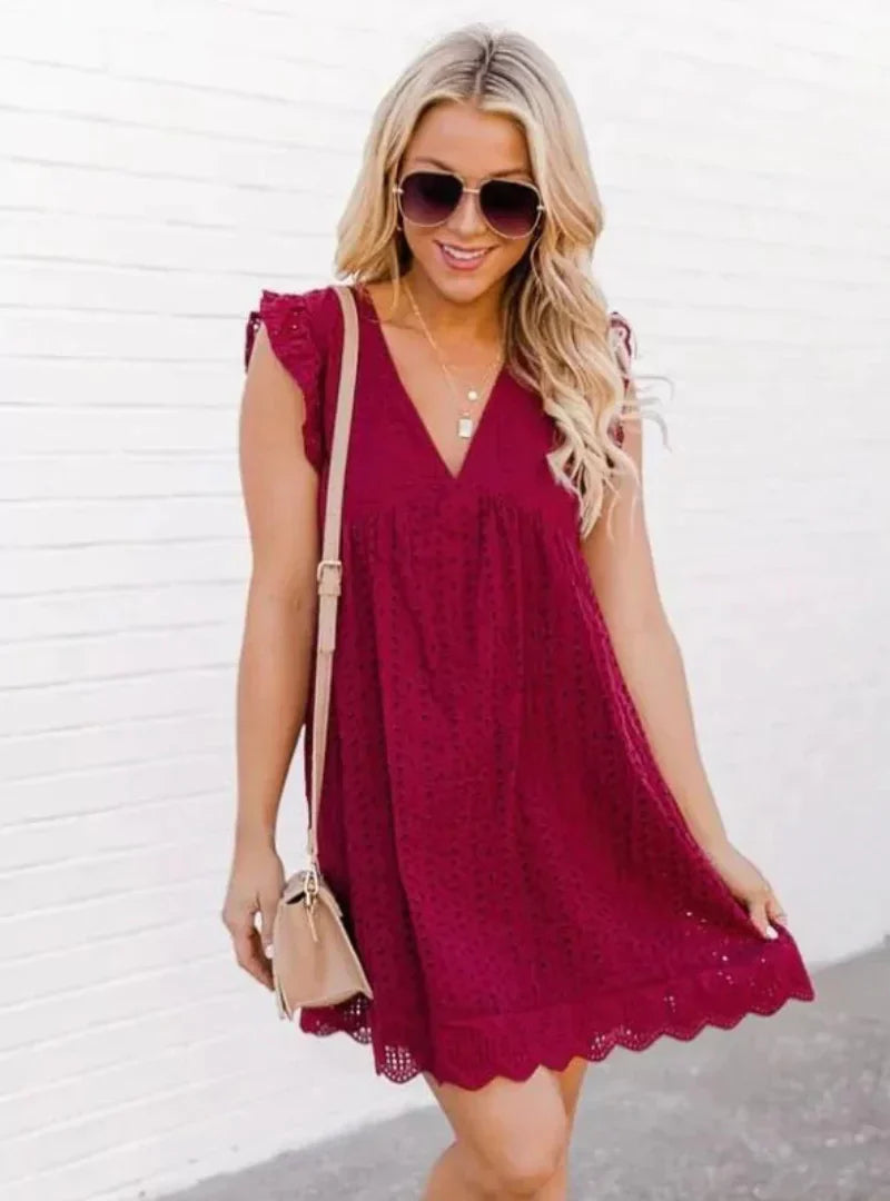 Audrey | Womens Summer V-Neck Loose Fit Lace Embroidery Ruffle Midi Dress 2