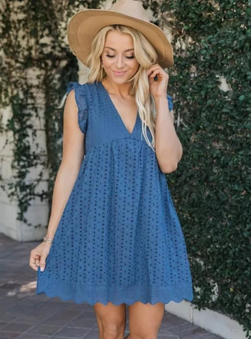 Audrey | Womens Summer V-Neck Loose Fit Lace Embroidery Ruffle Midi Dress 3