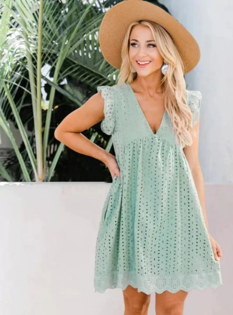 Audrey | Womens Summer V-Neck Loose Fit Lace Embroidery Ruffle Midi Dress 4