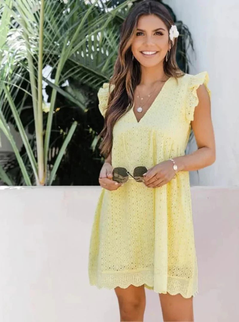 Audrey | Womens Summer V-Neck Loose Fit Lace Embroidery Ruffle Midi Dress 5