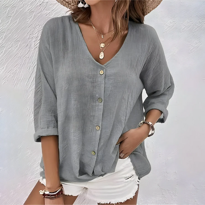 Marcia | Womens Casual Relaxed Fit V-Neck Roll Sleeve Button-Up Blouse 2