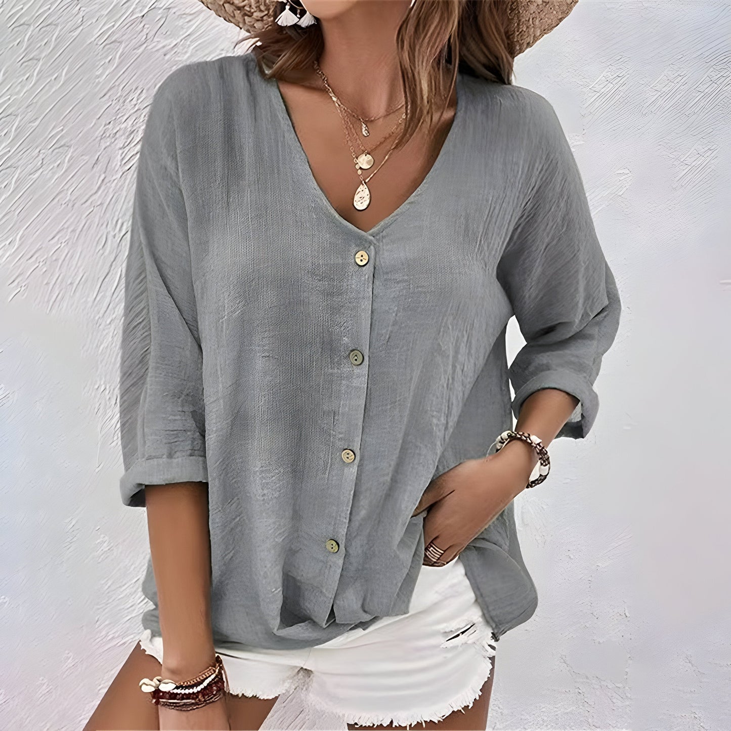 Marcia | Womens Casual Relaxed Fit V-Neck Roll Sleeve Button-Up Blouse 4