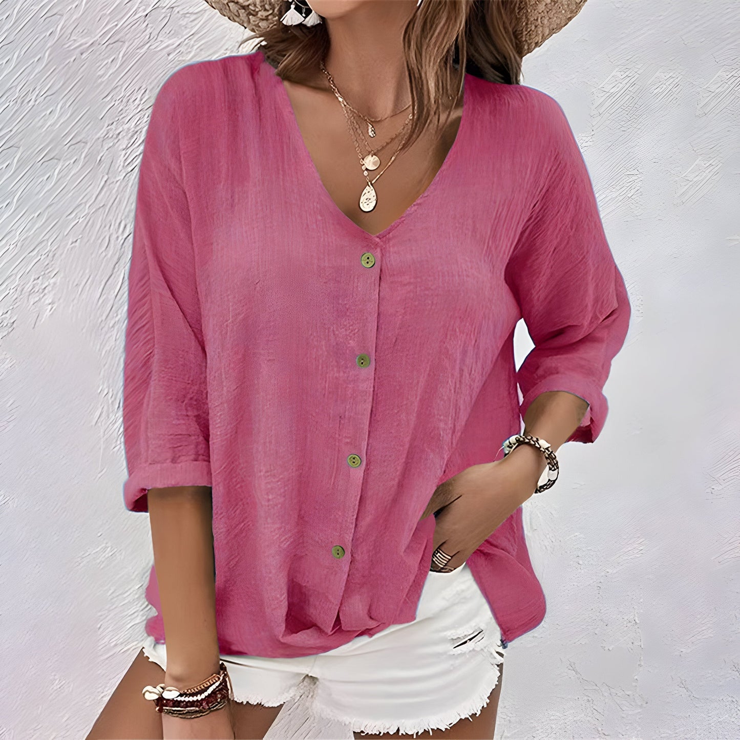 Marcia | Womens Casual Relaxed Fit V-Neck Roll Sleeve Button-Up Blouse 5