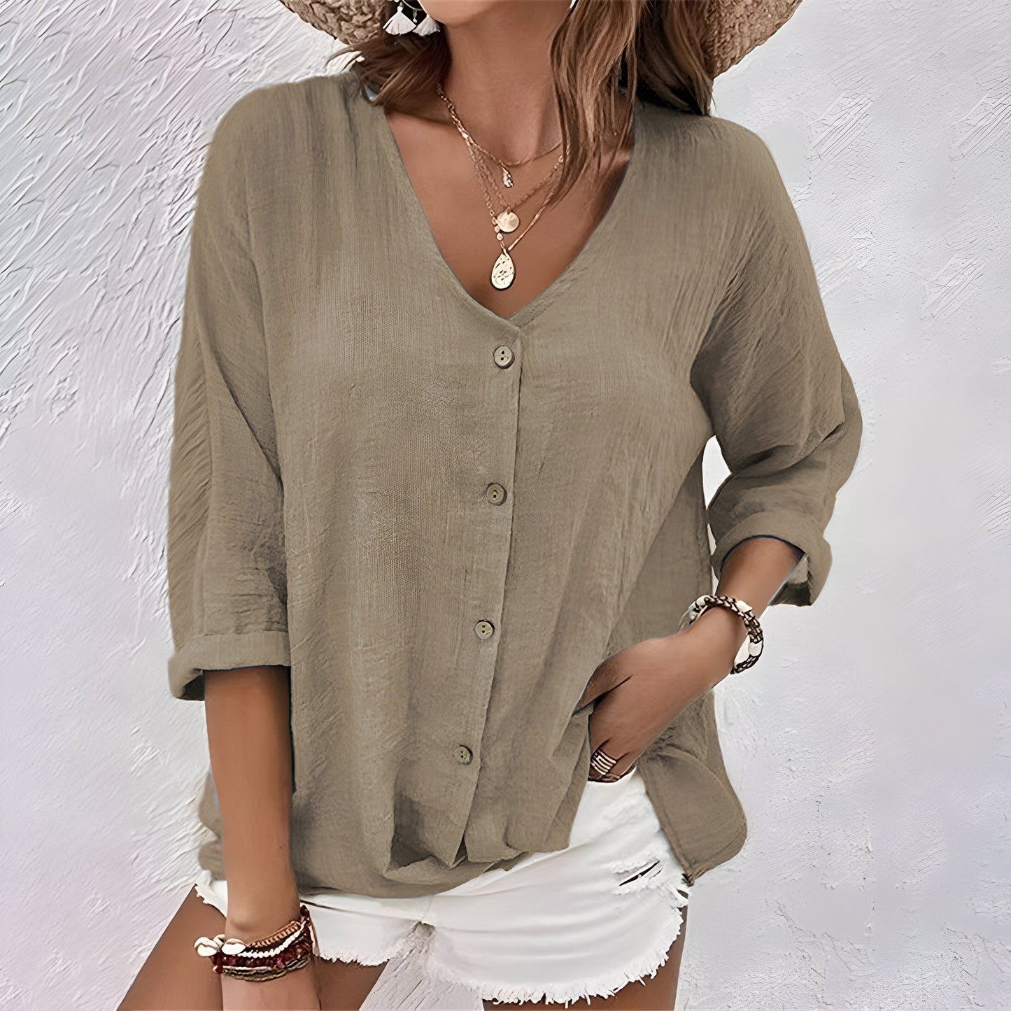 Marcia | Womens Casual Relaxed Fit V-Neck Roll Sleeve Button-Up Blouse 7
