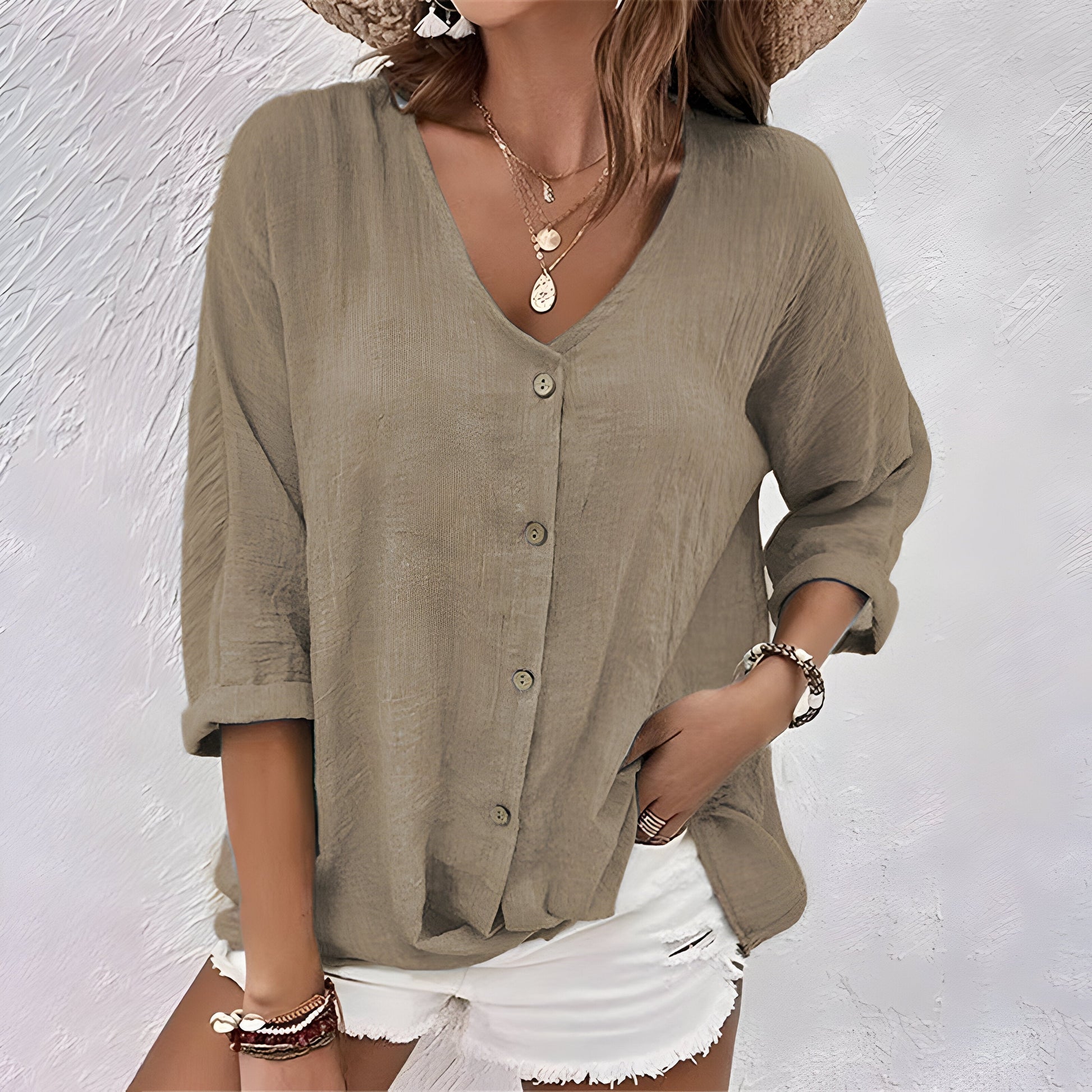 Marcia | Womens Casual Relaxed Fit V-Neck Roll Sleeve Button-Up Blouse 7