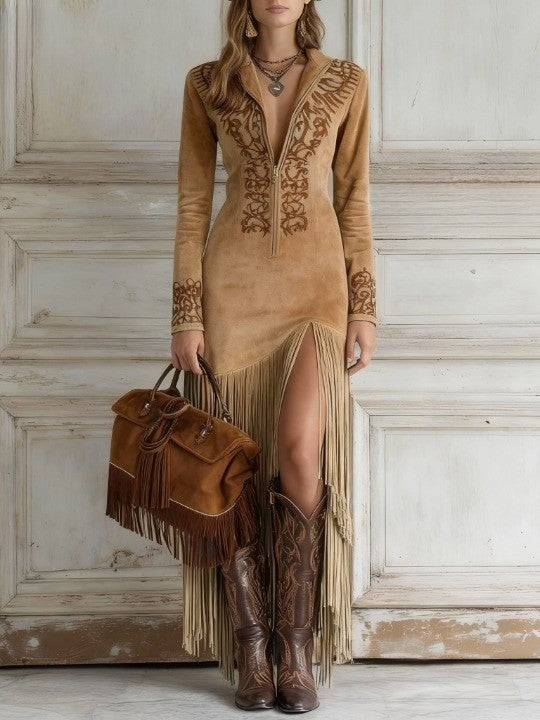 Liora | Women Maxi Dress Long Sleeve Fringe Detail Elegant 6