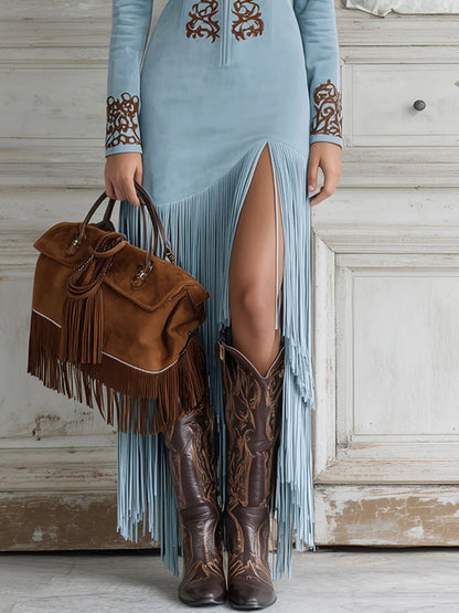 Liora | Women Maxi Dress Long Sleeve Fringe Detail Elegant 8
