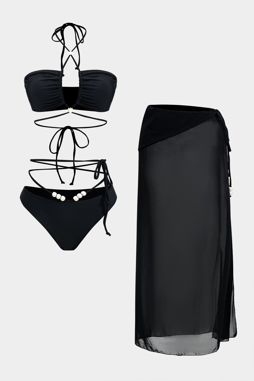 Meredith | Womens Elegant Bandeau Cut-Out High-Waisted Pearl Detail Bikini Set 1