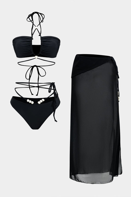 Meredith | Womens Elegant Bandeau Cut-Out High-Waisted Pearl Detail Bikini Set 1