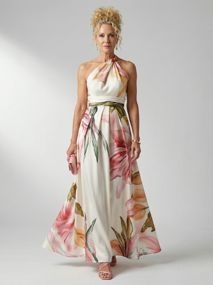 Mila | Summer Holiday Chiffon Halter Neck Relaxed Defined Waist Maxi Dress 1