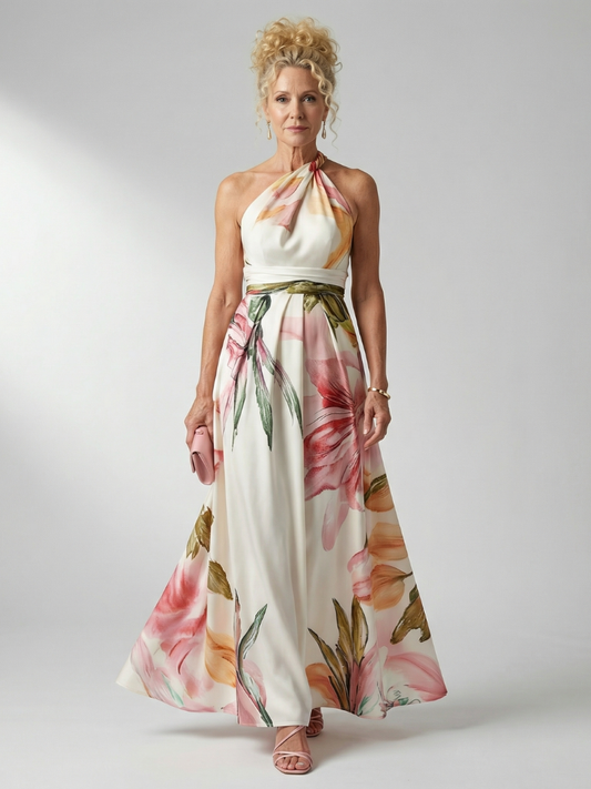 Mila | Summer Holiday Chiffon Halter Neck Relaxed Defined Waist Maxi Dress 1