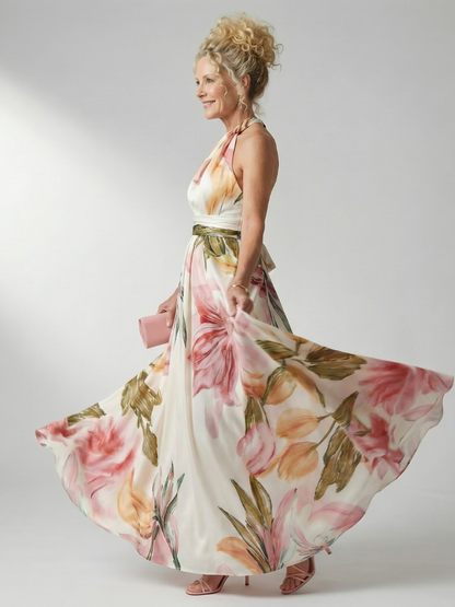 Mila | Summer Holiday Chiffon Halter Neck Relaxed Defined Waist Maxi Dress 2