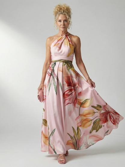Mila | Summer Holiday Chiffon Halter Neck Relaxed Defined Waist Maxi Dress 8