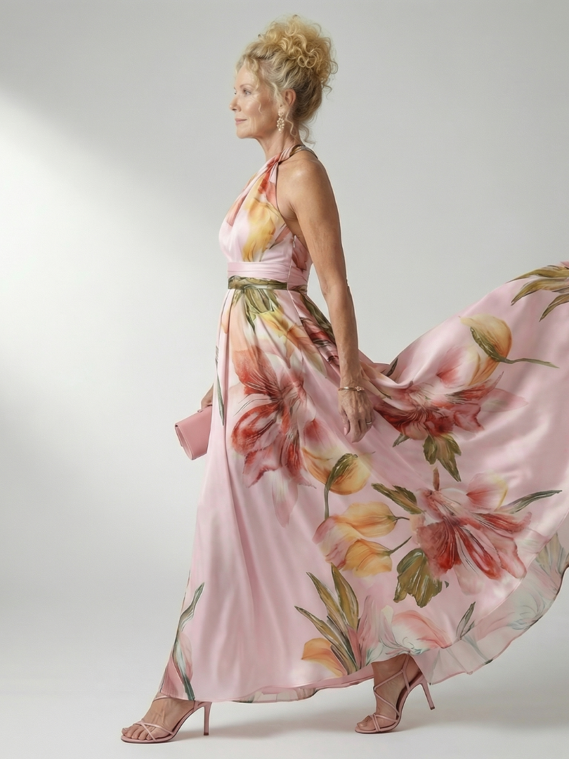 Mila | Summer Holiday Chiffon Halter Neck Relaxed Defined Waist Maxi Dress 9