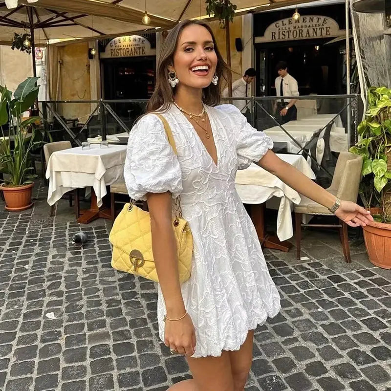 Liora | Womens Summer V-Neck Puff Sleeve A-Line 3D Floral Embroidered Mini Dress 2