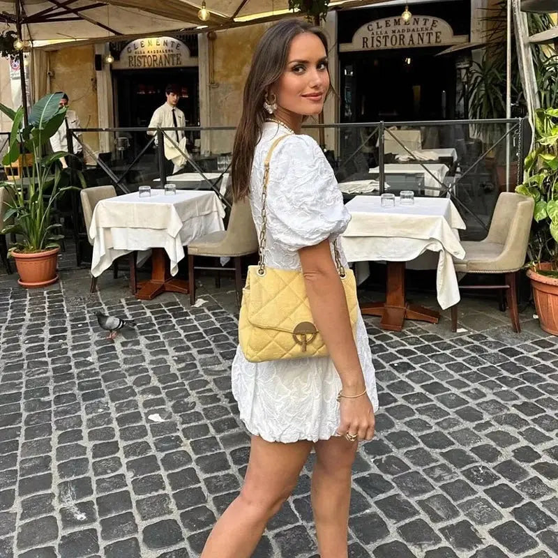 Liora | Womens Summer V-Neck Puff Sleeve A-Line 3D Floral Embroidered Mini Dress 3
