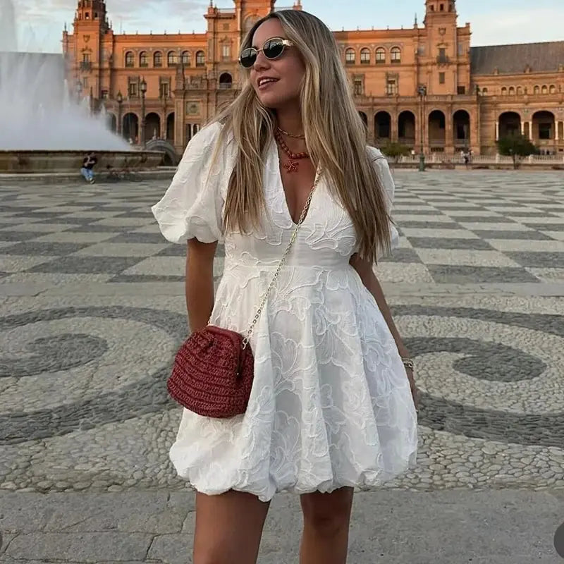 Liora | Womens Summer V-Neck Puff Sleeve A-Line 3D Floral Embroidered Mini Dress 4