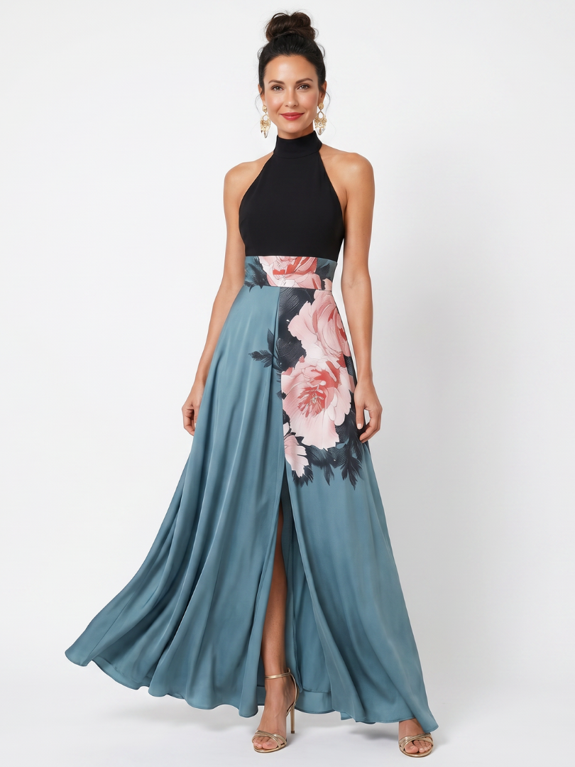 Mira | Womens Formal Satin Halter Neck Sleeveless Slit Floral Maxi Dress 1
