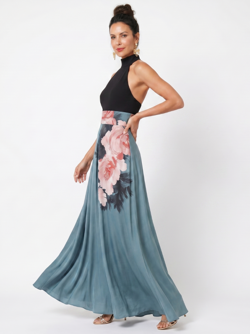 Mira | Womens Formal Satin Halter Neck Sleeveless Slit Floral Maxi Dress 2