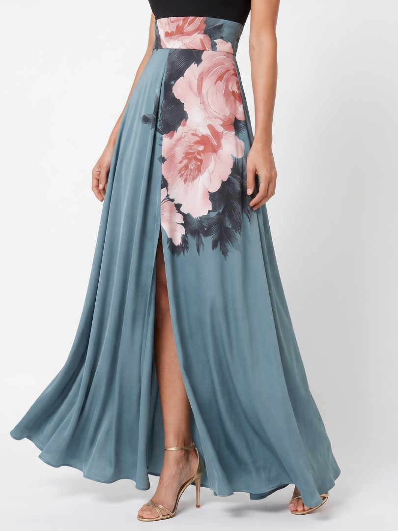 Mira | Womens Formal Satin Halter Neck Sleeveless Slit Floral Maxi Dress 3