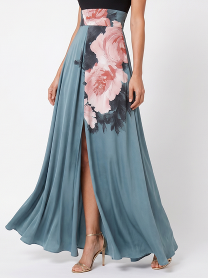 Mira | Womens Formal Satin Halter Neck Sleeveless Slit Floral Maxi Dress 3