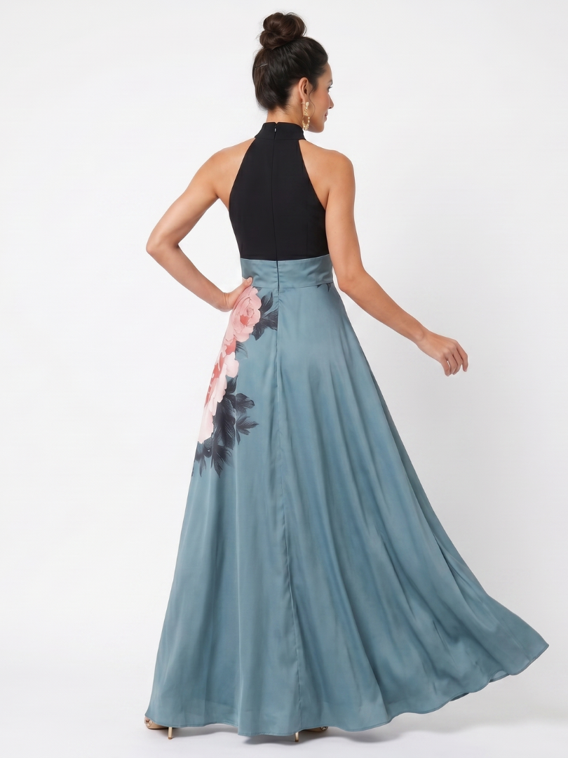 Mira | Womens Formal Satin Halter Neck Sleeveless Slit Floral Maxi Dress 4