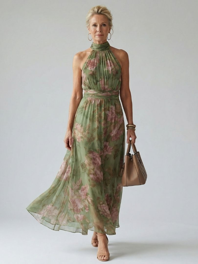 Mirelle | Womens Summer Holiday Chiffon Halter Sleeveless Defined Waist Gathered Midi Dress 1