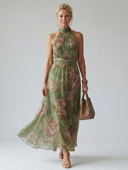 Mirelle | Womens Summer Holiday Chiffon Halter Sleeveless Defined Waist Gathered Midi Dress 1