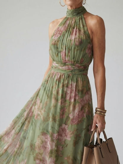 Mirelle | Womens Summer Holiday Chiffon Halter Sleeveless Defined Waist Gathered Midi Dress 2