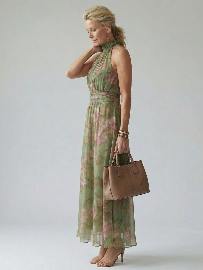 Mirelle | Womens Summer Holiday Chiffon Halter Sleeveless Defined Waist Gathered Midi Dress 3