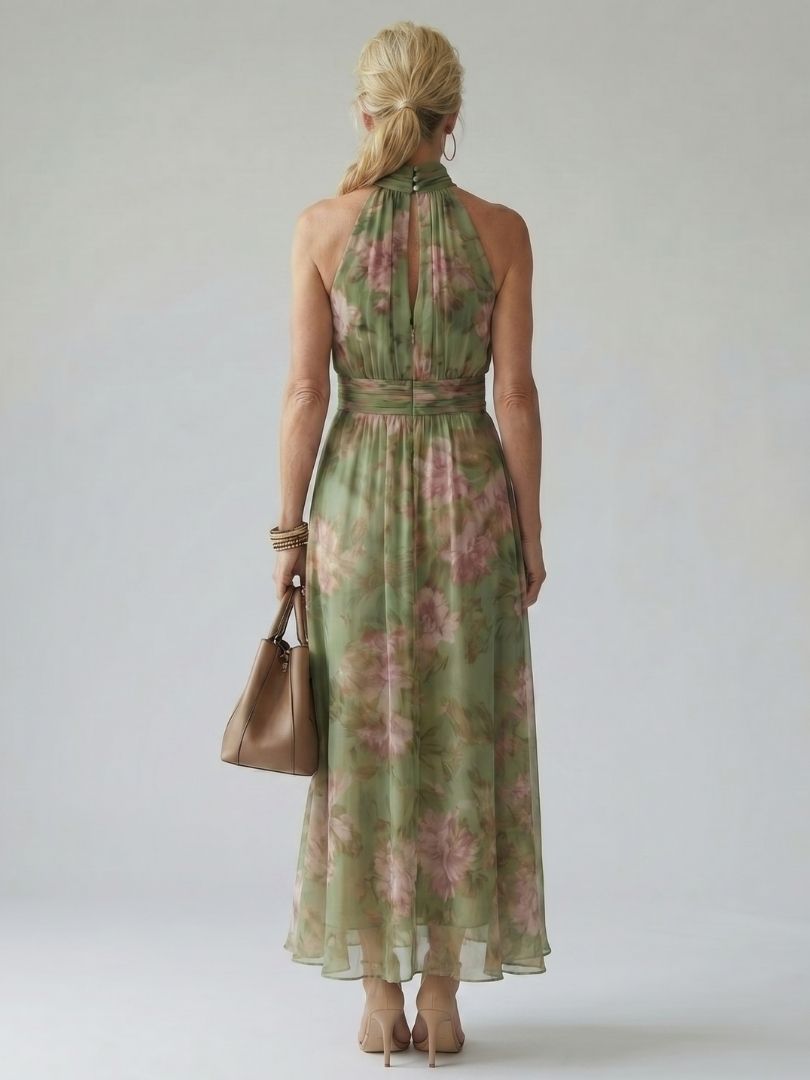 Mirelle | Womens Summer Holiday Chiffon Halter Sleeveless Defined Waist Gathered Midi Dress 4