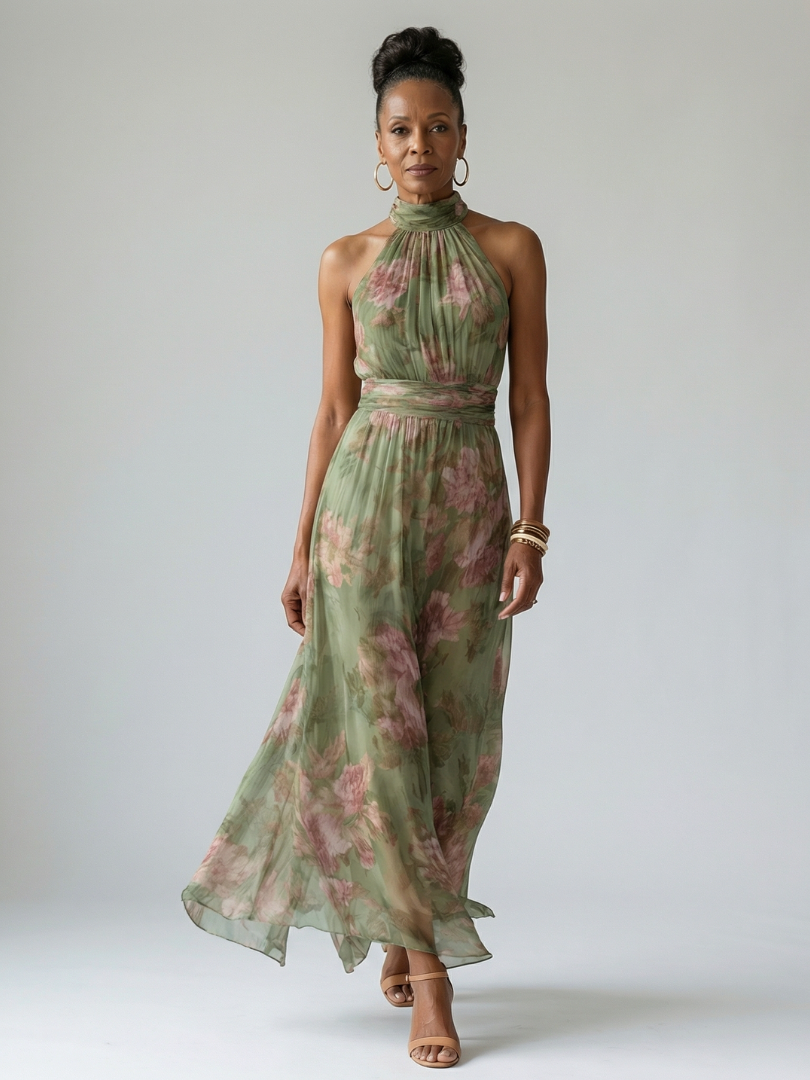 Mirelle | Womens Summer Holiday Chiffon Halter Sleeveless Defined Waist Gathered Midi Dress 5